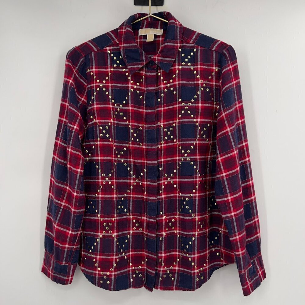 Michael Kors Plaid Studded Button Down Shirt Womenโs Large Red Navy